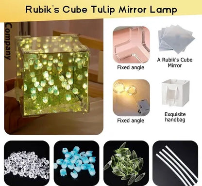 Led Decorative Nights Lamp for Bedroom,Handmade DIY Magic Cube Tulips Flower Table Lamp and Mirror 2 in 1,21 Flowers Birthday Gifts for Women and Girl (Square)