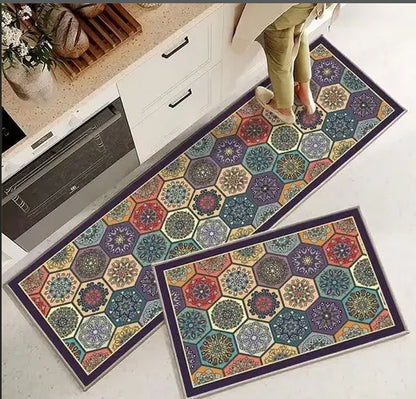 Kreto Rubber Kitchen Mats for Floor Set of 2 Pcs | Non-Skid, Soft Absorbent Rugs for Kitchen, Laundry, and Hallway | 120x40cm, 40x60cm| 4mm Thickness (Hexa_Multi)